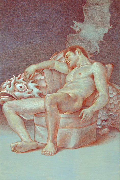 Sleep of Reason Produces Monsters, color pencil, gouache, 21.5" x 14.5", 2003