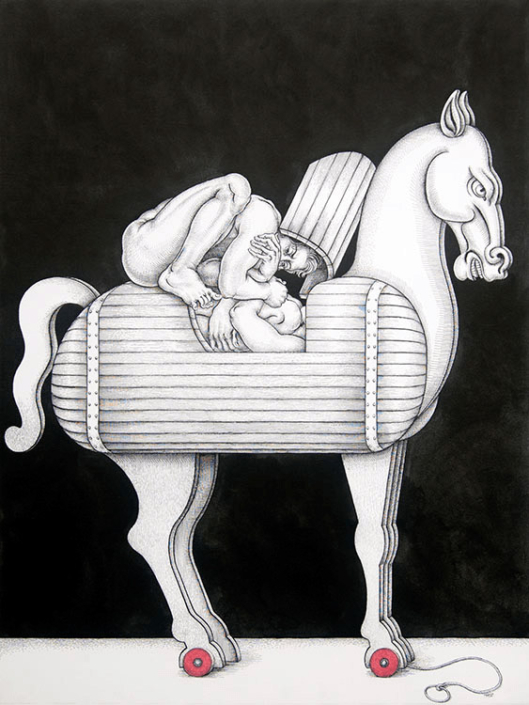 Trojan Horse (2016), Ink on paper, 48" x 36"