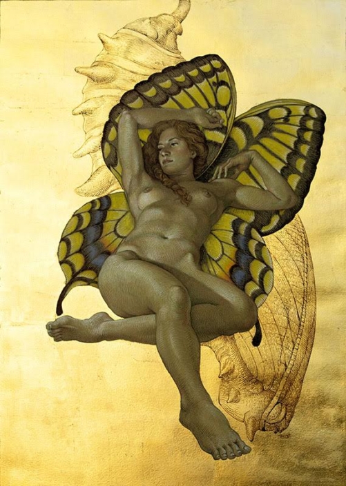 Michael Bergt, Metamorphosis of Psyche, Gouache, Color Pencil, Gold Leaf on toned paper