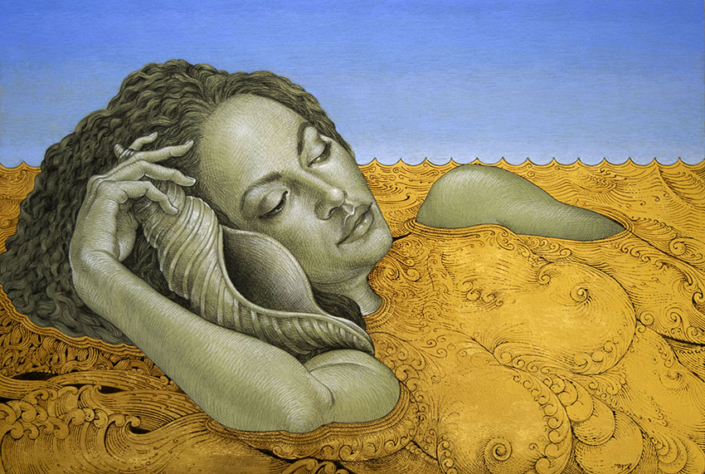 Michael Bergt Birth of Venus charcoal gouache & 24 kt gold leaf on toned paper
